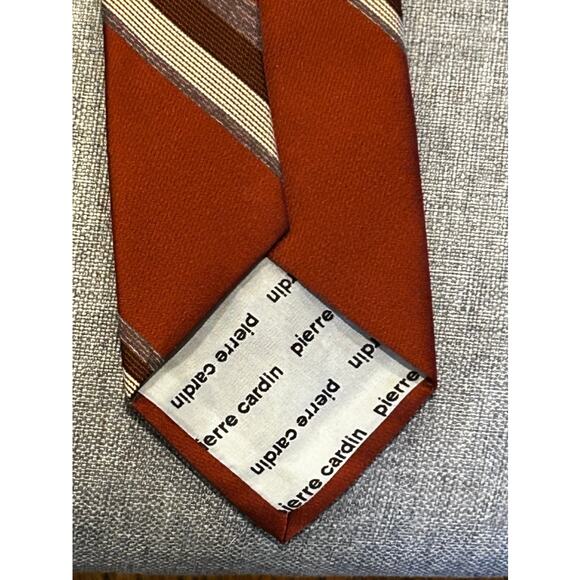 Vintage 70’s PIERRE CARDIN Rust Red Grey Cream Stripe Logo 100% Polyester Tie - Picture 6 of 7